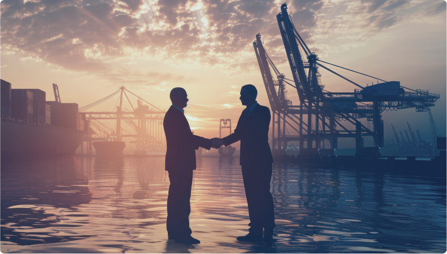 Silhouetted businessmen shaking hands at a shipping port during sunset.