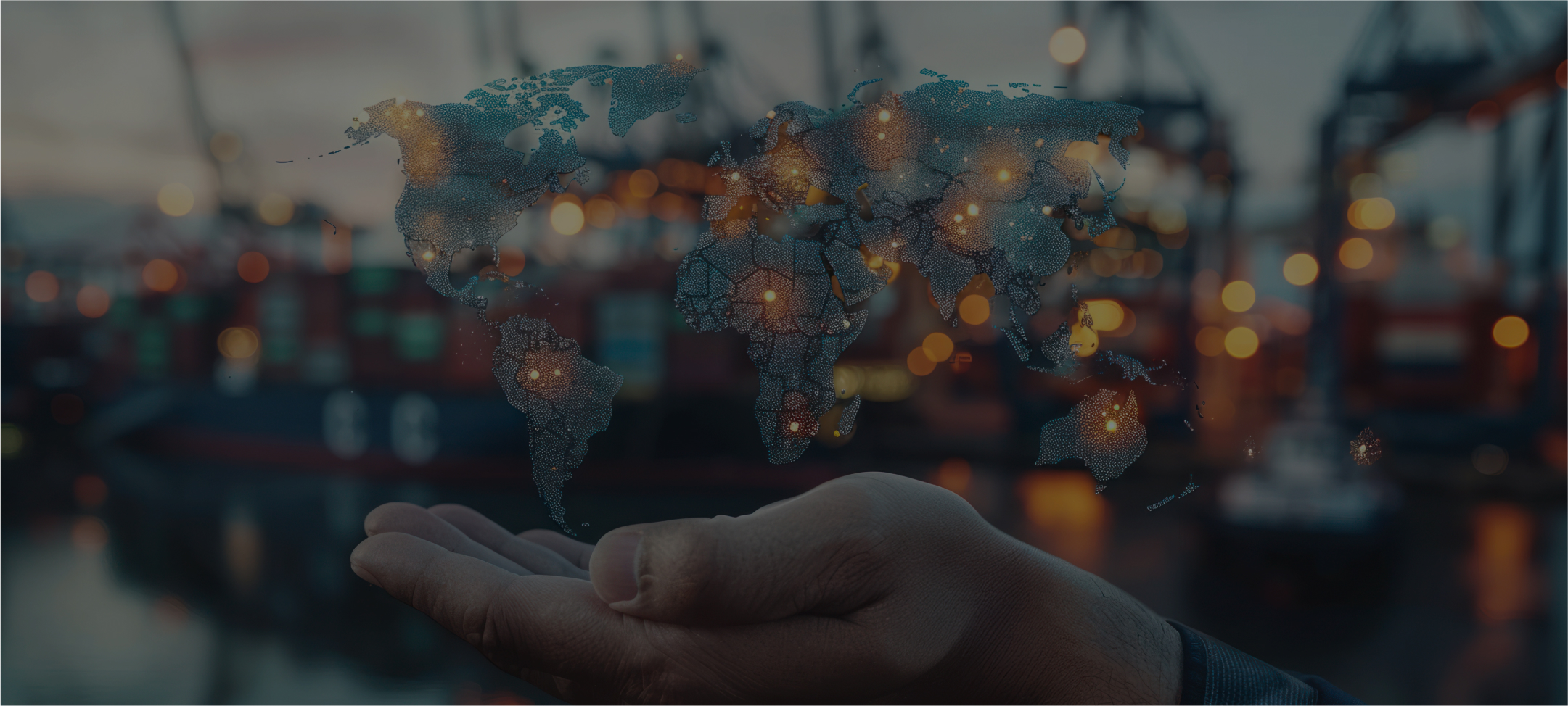 Hand holding a digital world map with glowing connection points, set against a blurred port background.