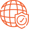 Icon of a globe with a shield and checkmark representing global security and reliability.
