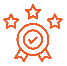 Icon of a quality badge with checkmark and stars representing certification and excellence.