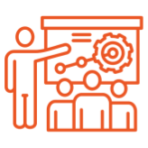 Icon of a person giving a presentation with a gear and growth chart on a board in front of an audience.