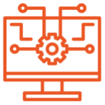 Icon of a computer monitor with a gear and circuit connections representing digital automation and system integration.