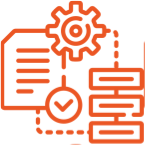 Icon representing workflow automation with document, gear, checklist, and process flow.