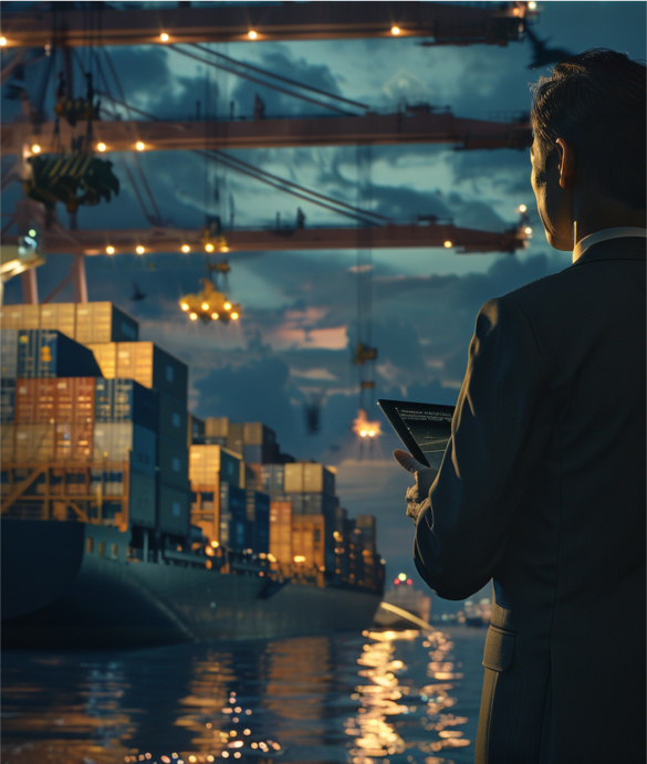 Business professional using a tablet while observing cargo ships and cranes at a port during sunset.