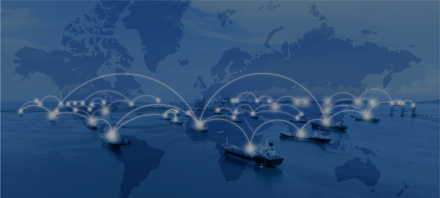 Cargo ships on the ocean connected by glowing network lines overlaid with a world map, representing global maritime connectivity.