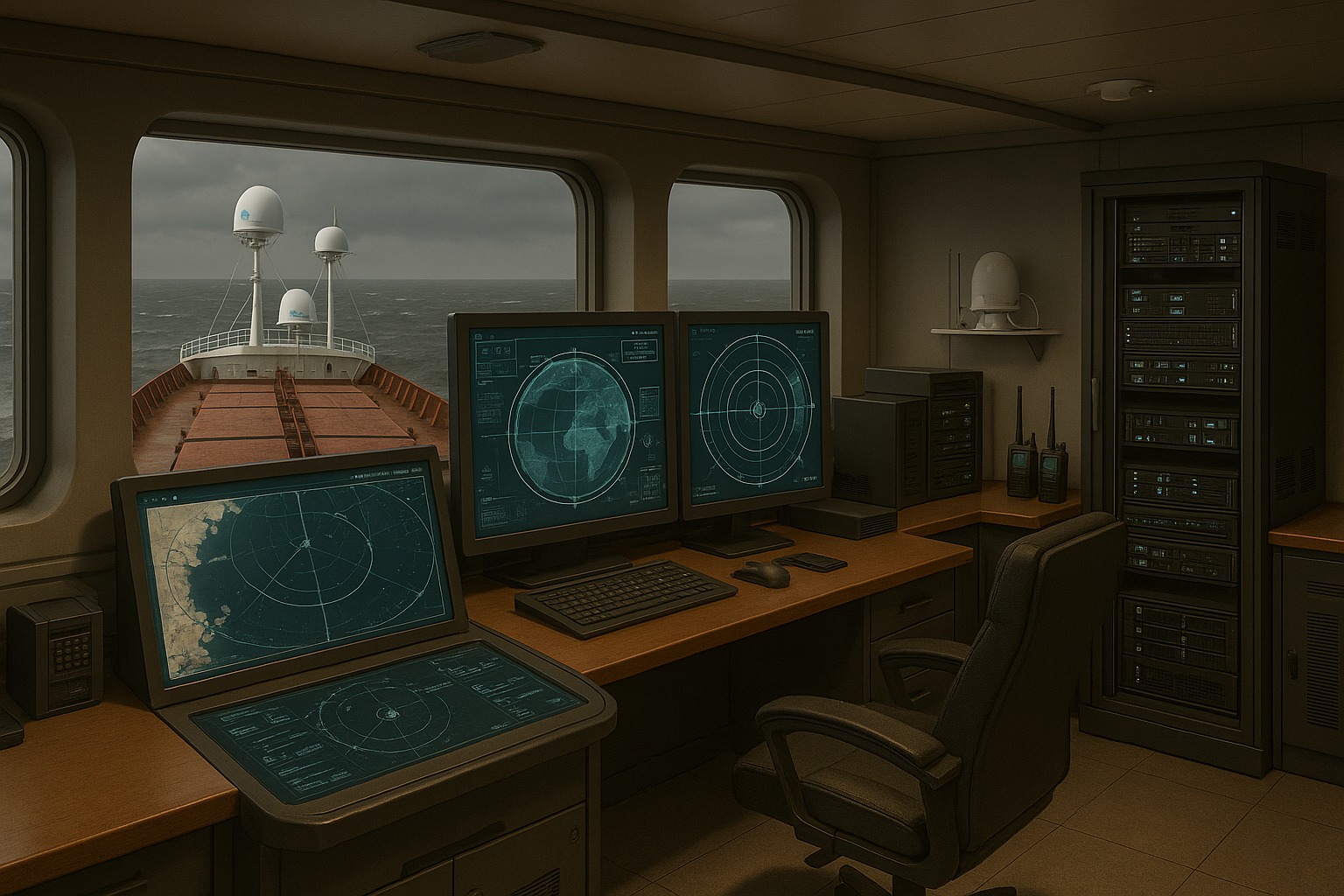 Ship control room with radar screens, navigation monitors, and communication equipment facing the ocean.